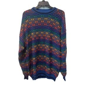 Vtg 3D Knit Sweater Mens Rainbow 90s Cosby Grandpa Vibrant 90s Size XL